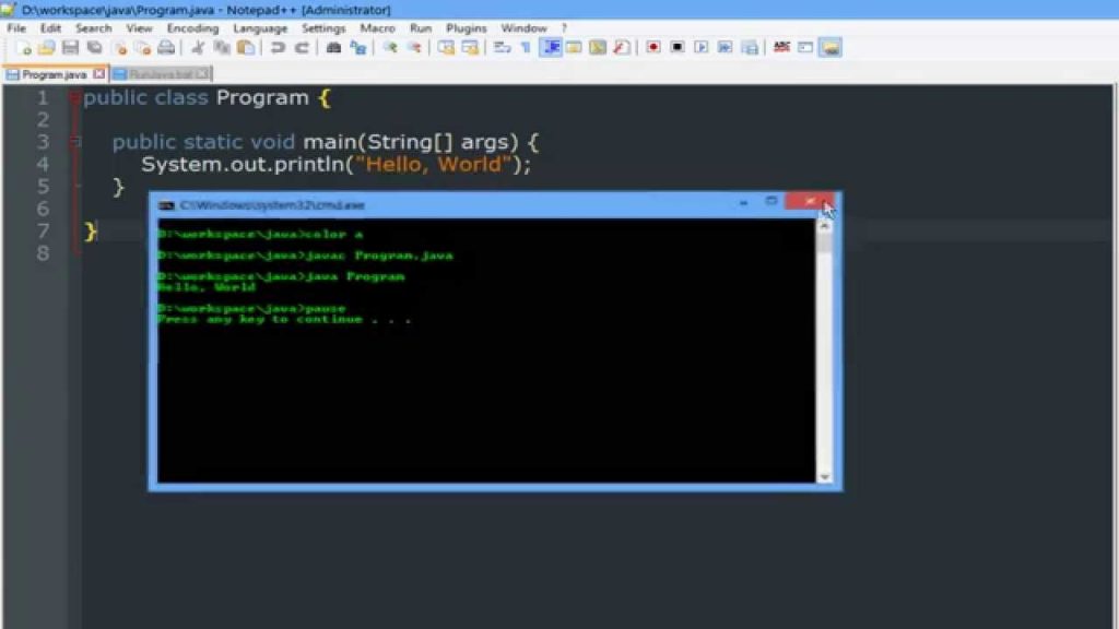 Compile java net. Notepad++ hello World. Write compile Run.